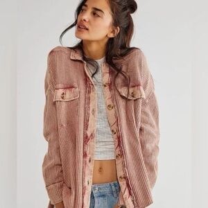 Free People One Scout Waffle Knit Shirt Jacket in Dusty Rose Size M